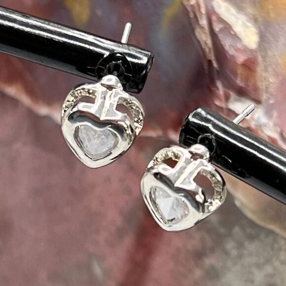 Silver Heart Bezel Set Stud Earrings Swarovski Crystals - Picture 1 of 9